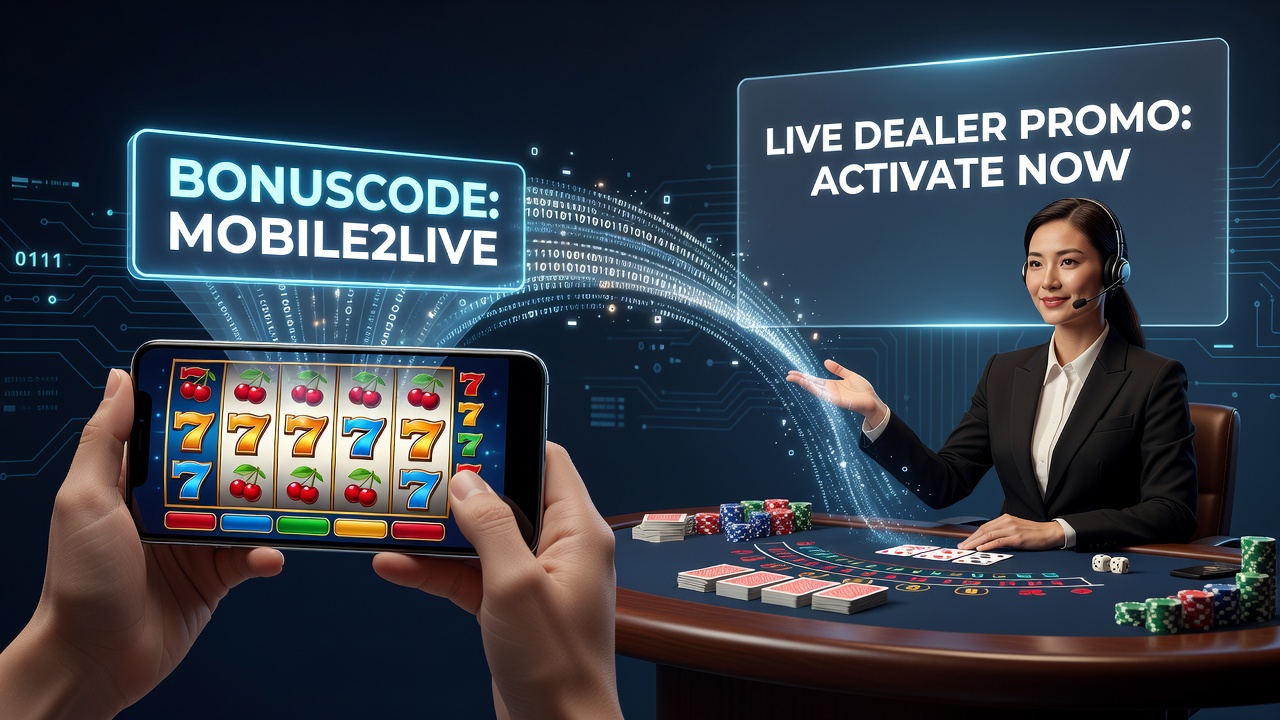 Mobile slots interface displaying active bonus codes with transition prompts to live dealer sections