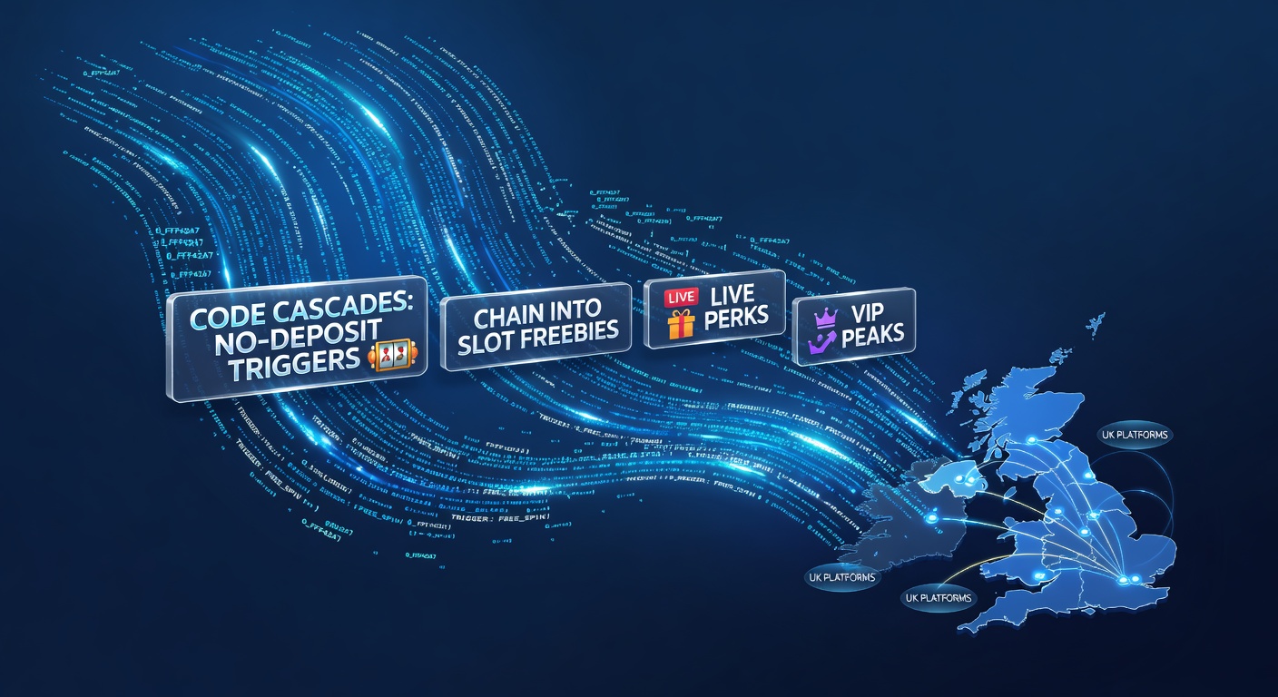 Vibrant digital cascade of bonus icons flowing from a no-deposit code into slot reels, live tables, and VIP tiers on a UK casino platform