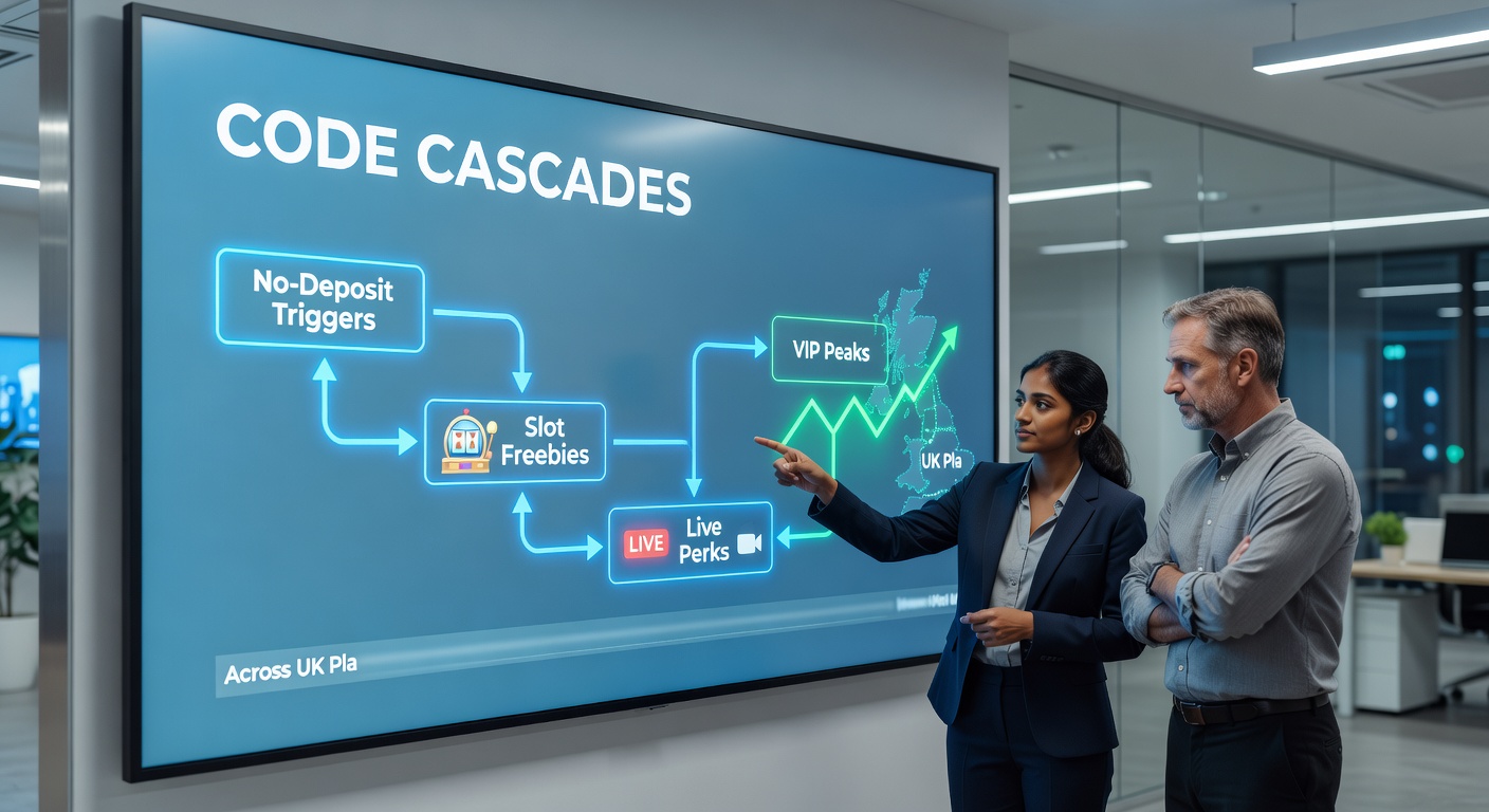 Animated chain reaction of a no-deposit code exploding into colorful slot free spins, live dealer chips, and ascending VIP levels on a sleek UK mobile casino interface
