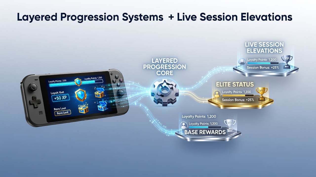Diagram showing interconnected layers of mobile game progression and loyalty mechanics