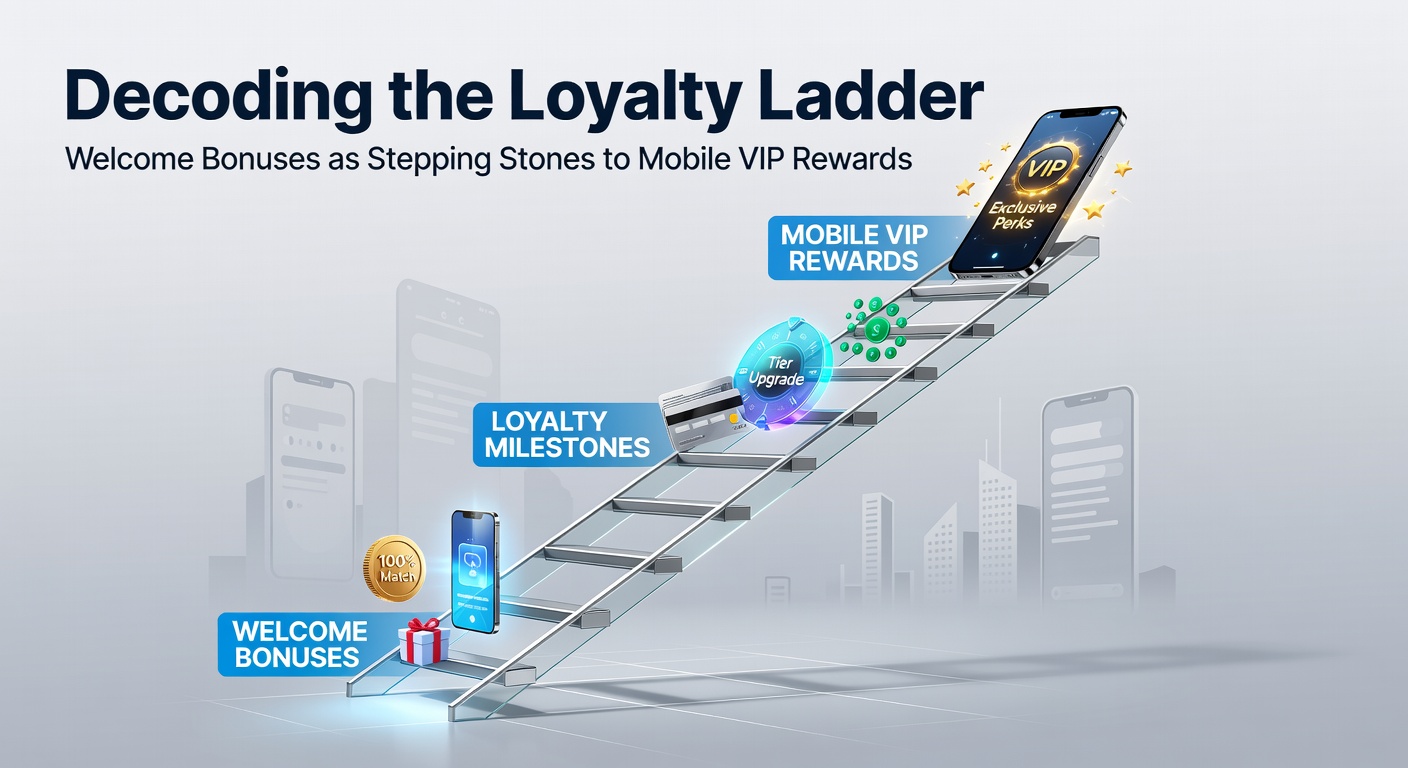 Illustration of a loyalty ladder showing welcome bonuses leading to mobile VIP tiers in casino apps