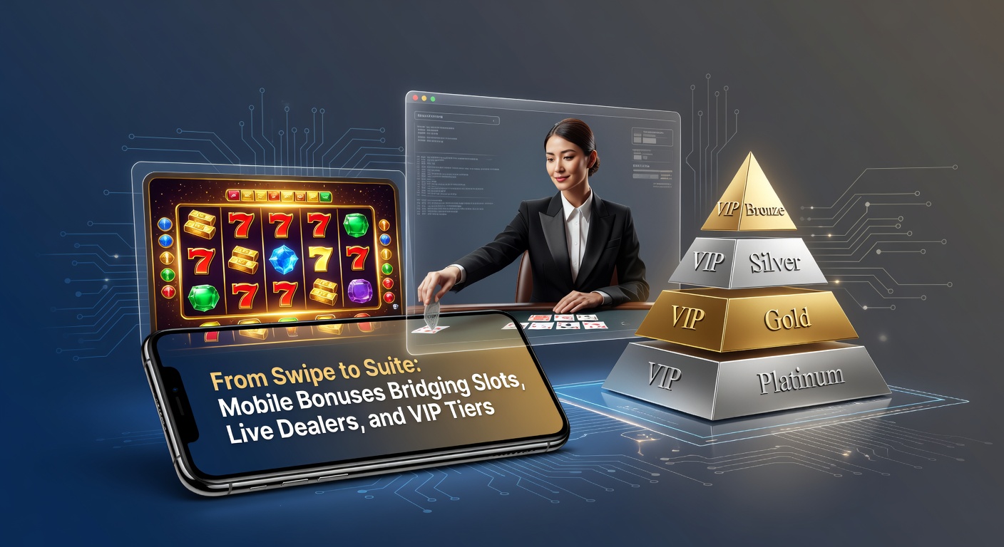 Smartphone screen displaying a mobile casino app with slot bonuses transitioning to live dealer tables and VIP invitations