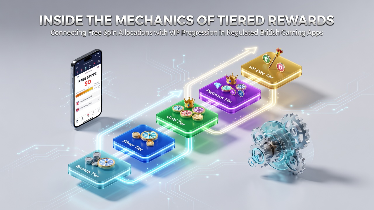 Diagram showing free spin allocation flowing into VIP tier progression within a regulated British gaming app interface