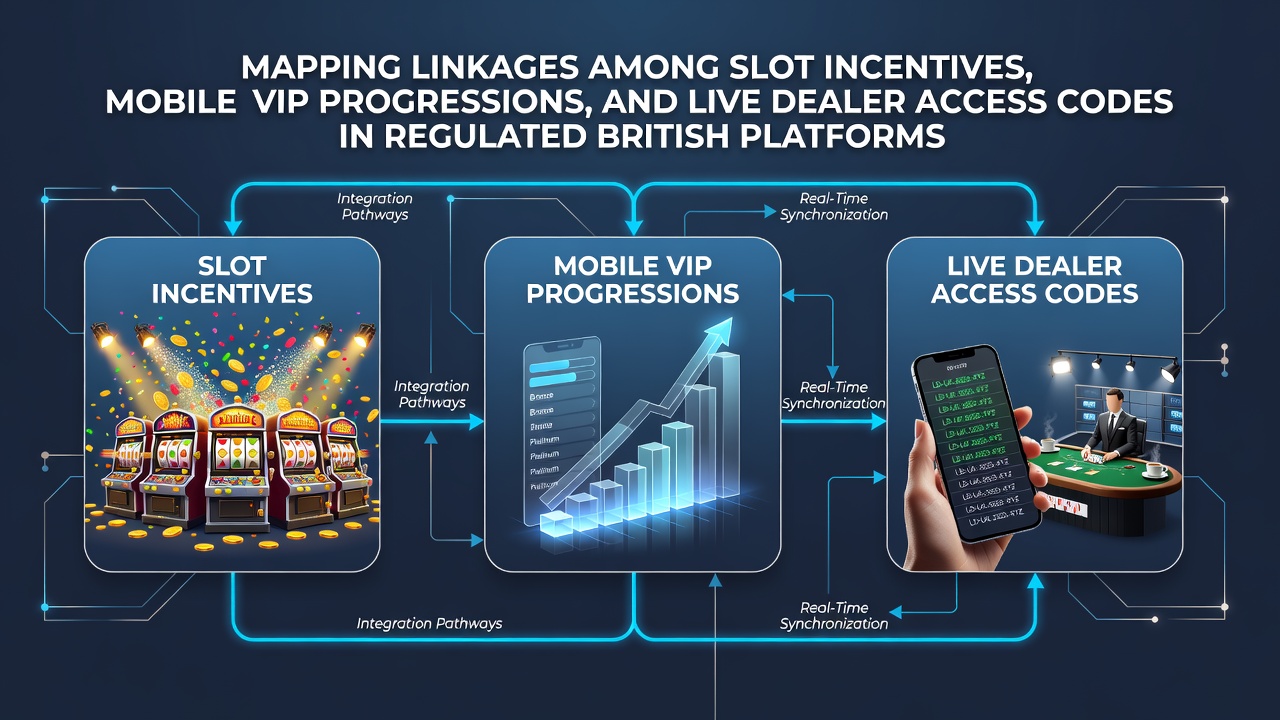 Diagram showing linkages between slot incentives, mobile VIP progressions, and live dealer access codes on British platforms
