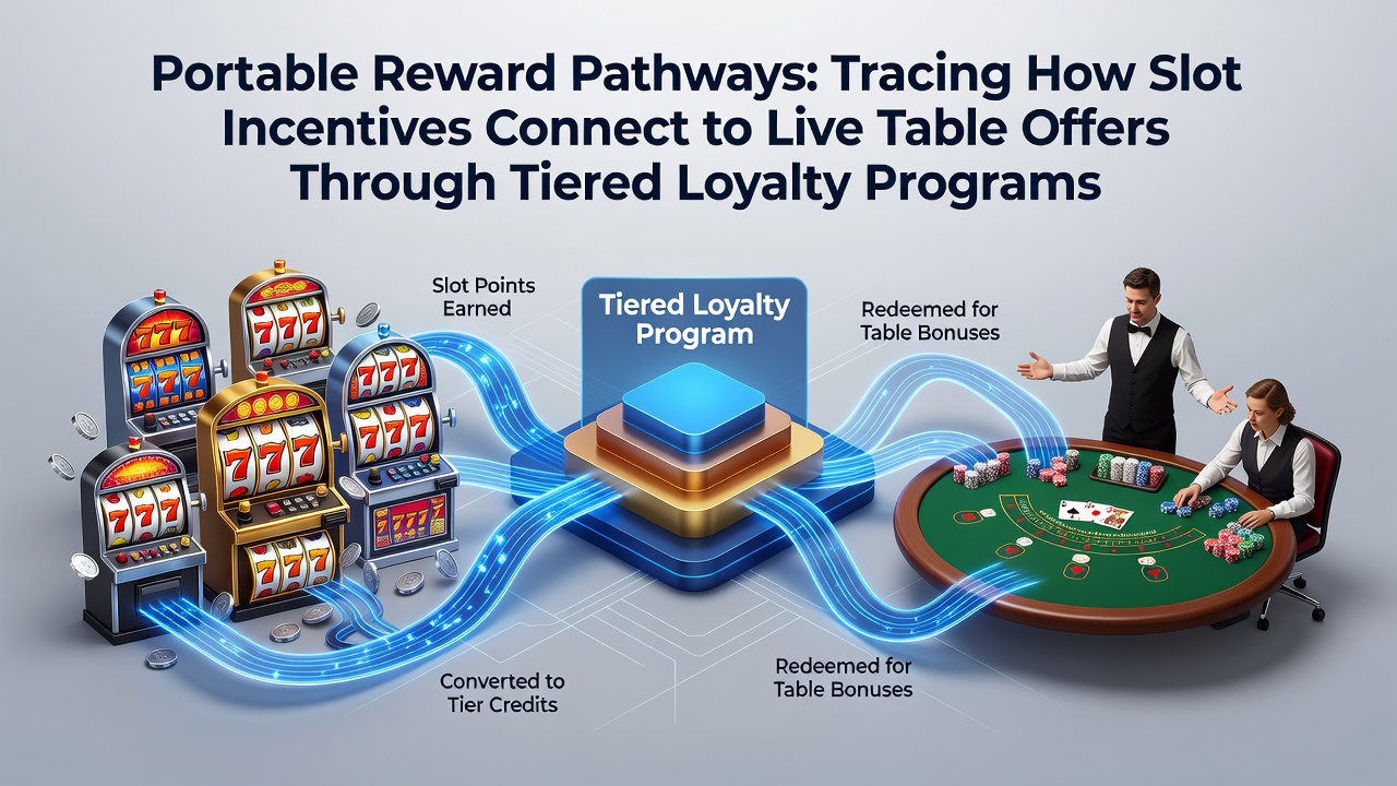 Illustration of tiered loyalty pathways connecting slots to live tables in casino environments