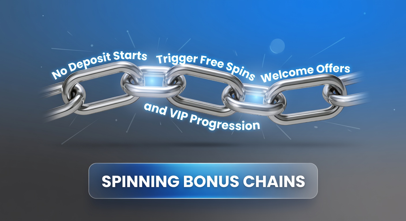 Vibrant slot machine reels spinning with cascading bonus symbols, illustrating no-deposit triggers leading to free spin chains and reward ladders