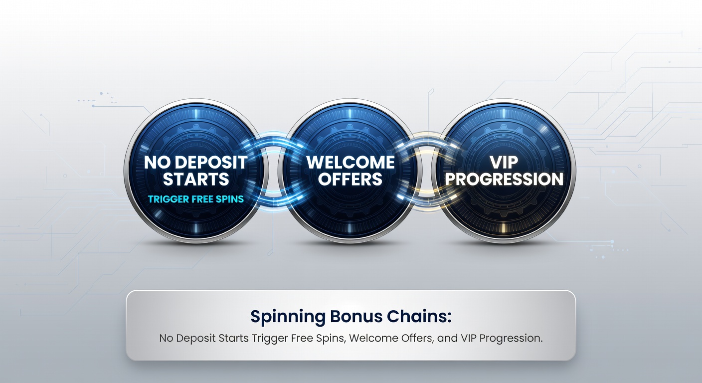 Layered graphic of bonus tiers climbing from no-deposit free spins to welcome packages and VIP crowns, with glowing chain links connecting each level