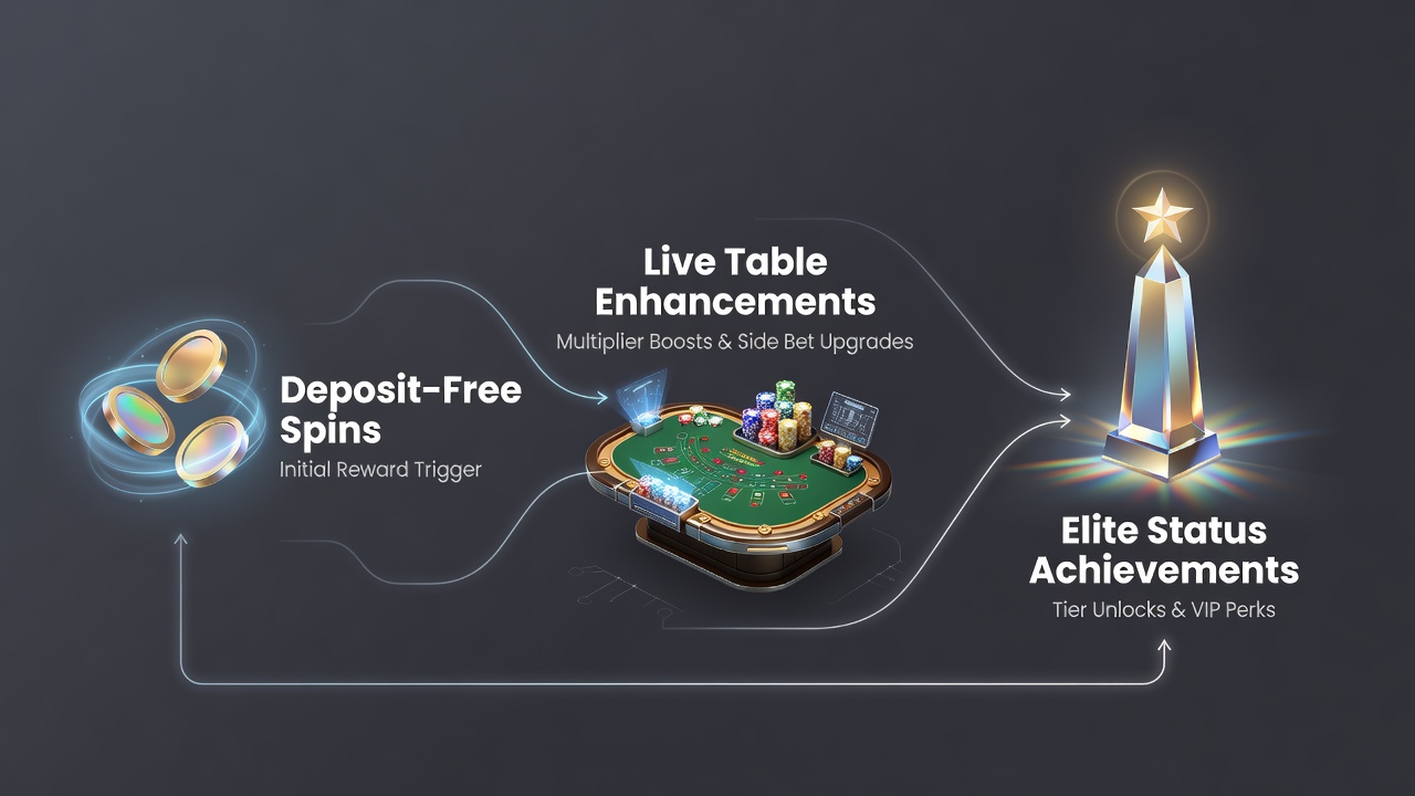 Diagram showing reward flows from free spins to live table upgrades and status achievements