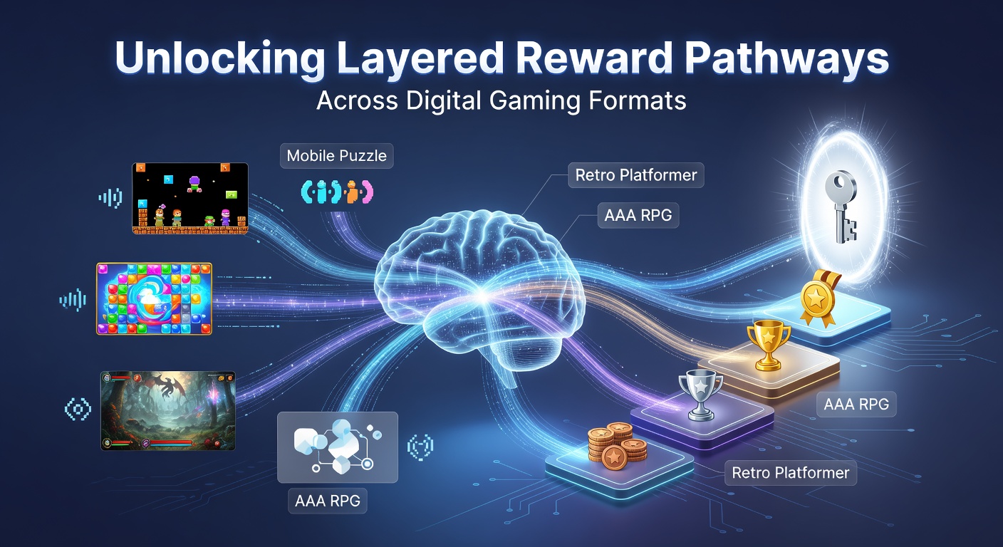 Digital gaming interface showing interconnected reward tiers across mobile, desktop and console formats