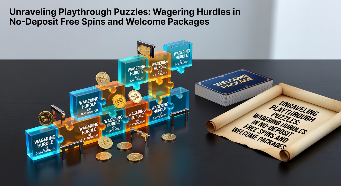 Illustration of a complex maze representing wagering requirements in online casino bonuses, with paths leading to free spins and bonus packages