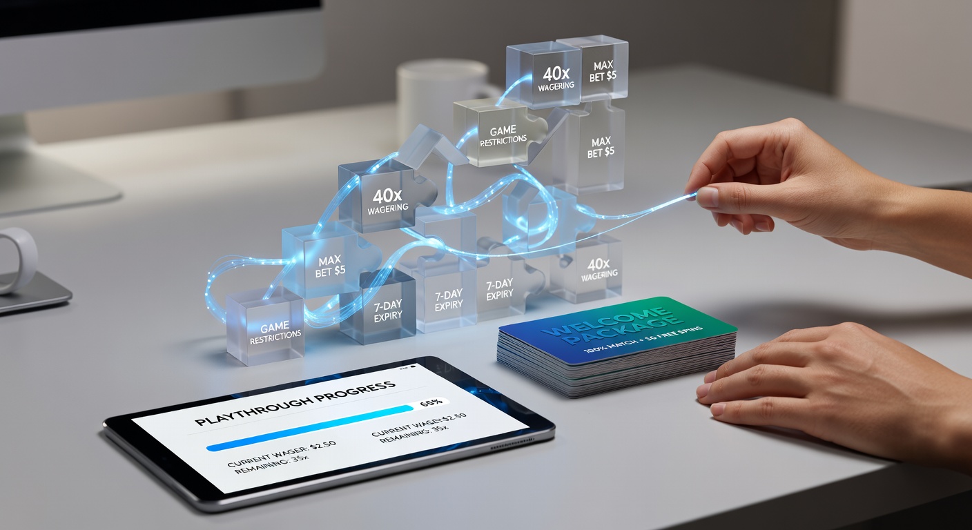 Close-up graphic of wagering requirement calculations, showing bonus amounts, multipliers, and game contribution charts for free spins and welcome bonuses